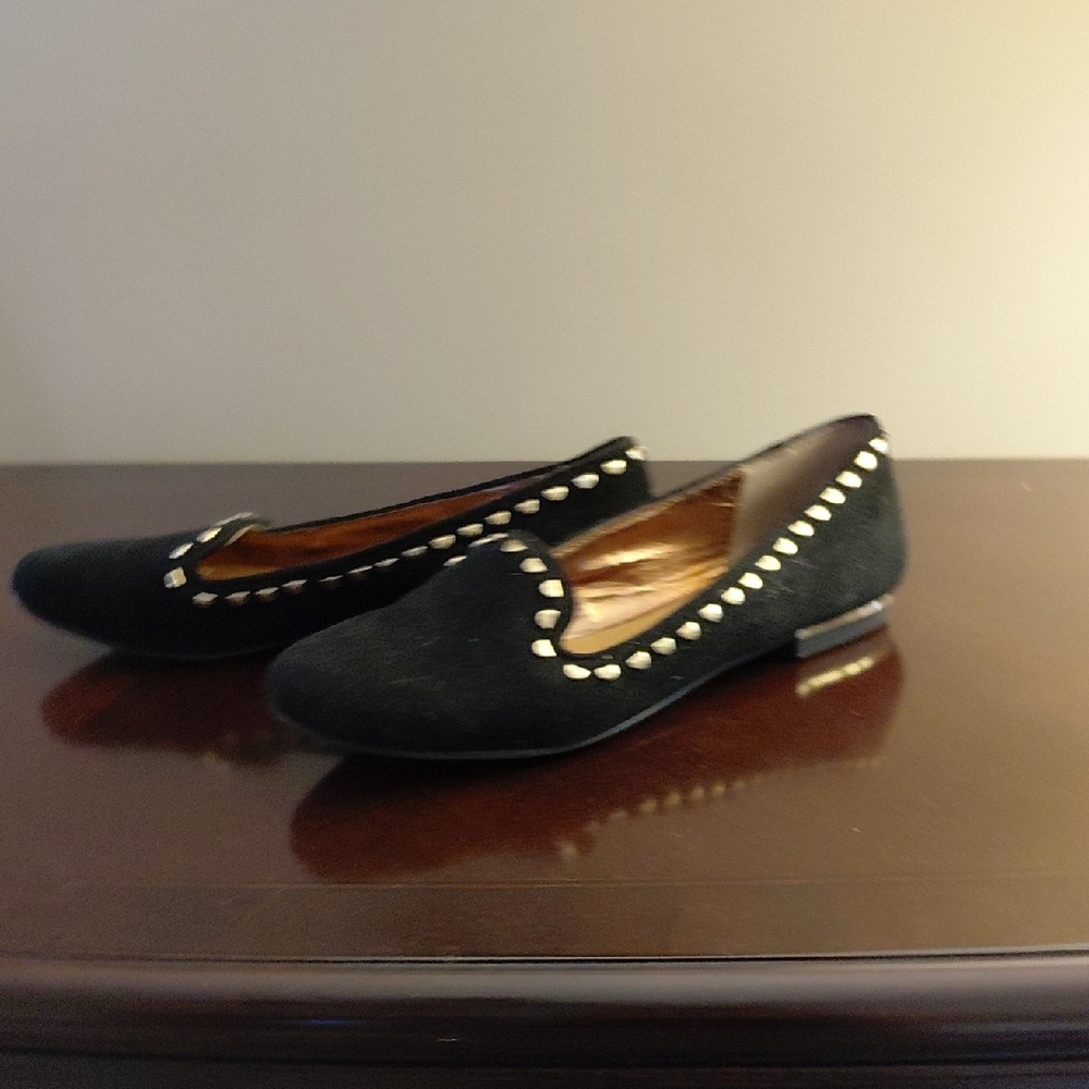 Elegant Black Suede Loafers with Gold Stud  Accents